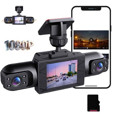 360 Car DVR WiFi 4 Channels Dash Cam Video Recorder, 1080P Full View Car Dashcam System with 64GB Sd Card, Loop Recording Night Vision, Plug-in Power for Taxi, Fleet and Family Vehicles (3 Lenses A)