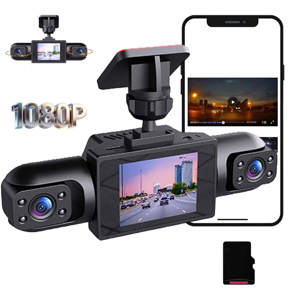 360 Car DVR WiFi 4 Channels Dash Cam Video Recorder, 1080P Full View Car Dashcam System with 64GB Sd Card, Loop Recording Night Vision, Plug-in Power for Taxi, Fleet and Family Vehicles (3 Lenses A)