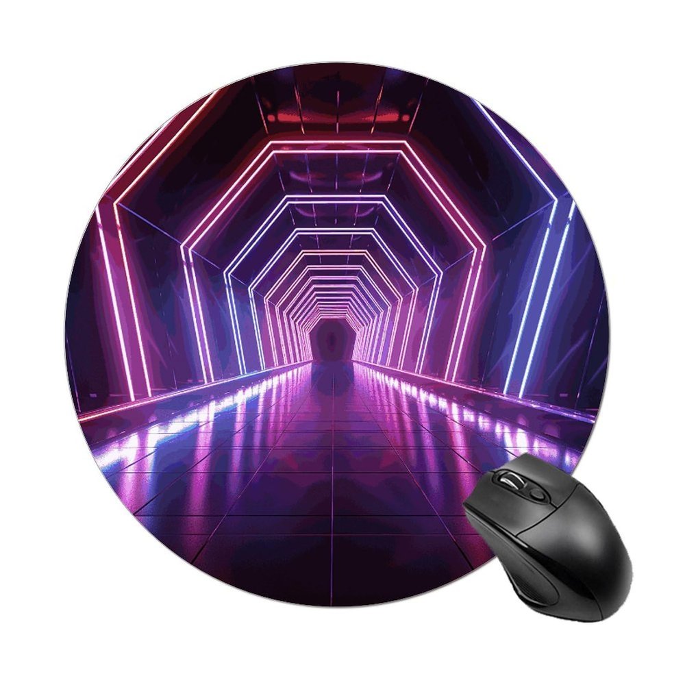 Neon Lights Tunnel Mouse Pad Basics Circle Desk Mat Non-Slip Waterproof Mouse Pads Rubberized Base Mouse Mats with Stitched Edge for Office and Home 7.8 X 7.8 Inch