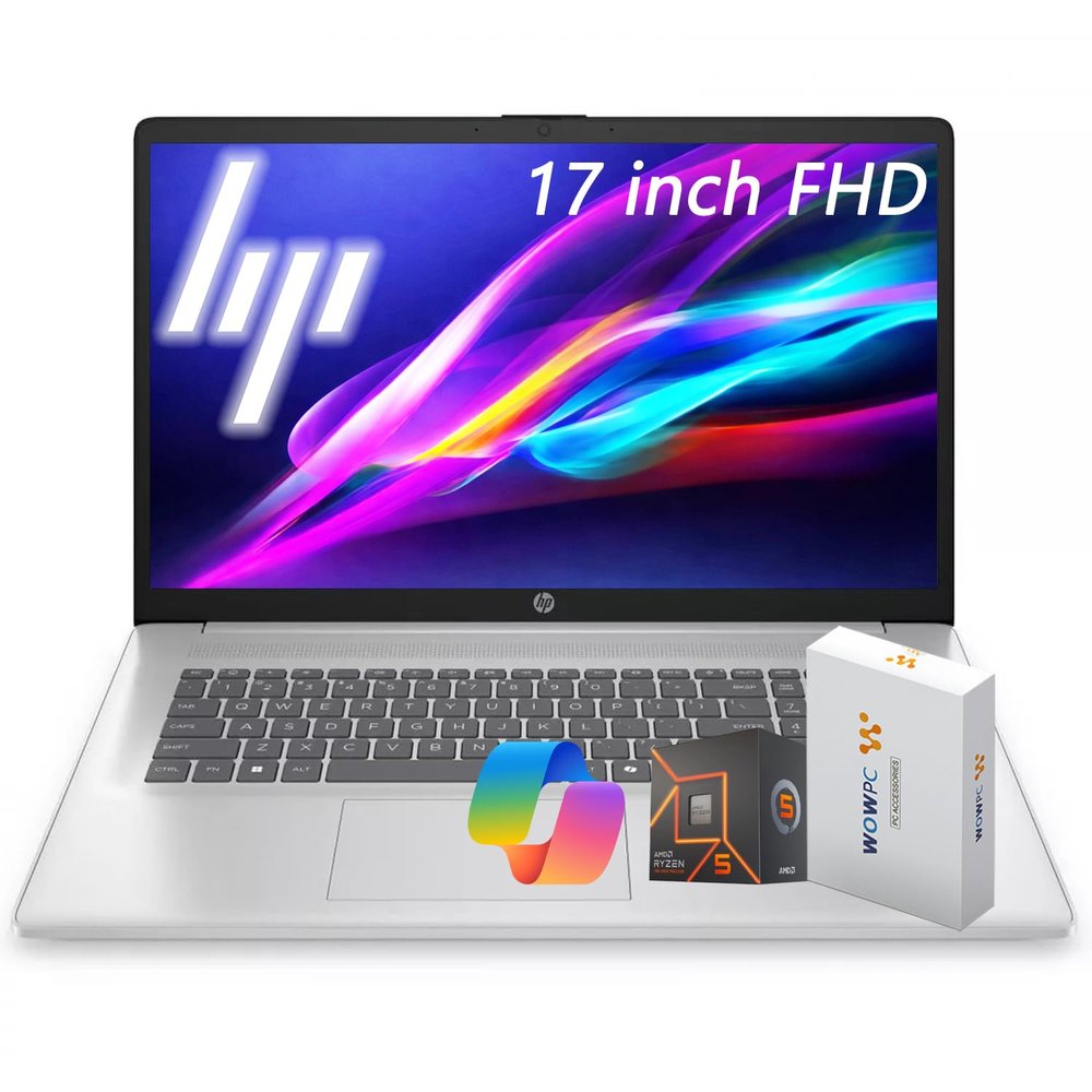 HP 17.3" FHD IPS Business Laptop, AMD Ryzen 5 7430U(6-Core), 32GB RAM, 2.5TB Storage(2TB+500GB External Drive), Numeric Keypad, Fast Charge, Windows 11, WOWPC USB, no Mouse