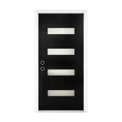 36 x 80 Fiberglass Entry Door with Brickmould  Contemporary Frosted Glass Front Door, Right Hand Inswing, Black Finish with 4-9/16" White Vinyl Frame