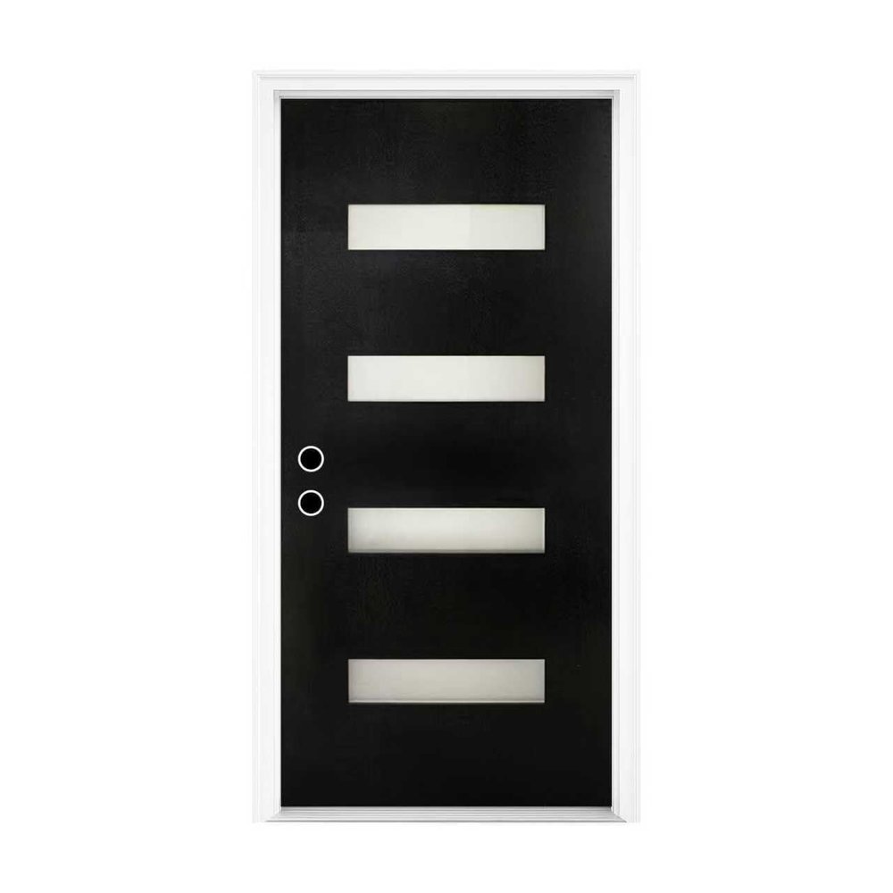 36 x 80 Fiberglass Entry Door with Brickmould  Contemporary Frosted Glass Front Door, Right Hand Inswing, Black Finish with 4-9/16" White Vinyl Frame