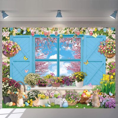 Spring Backdrop 7x5FT Spring Easter Window Scenery Flower Photography Background Easter Theme Party Decorations Banner (84x60 inch)