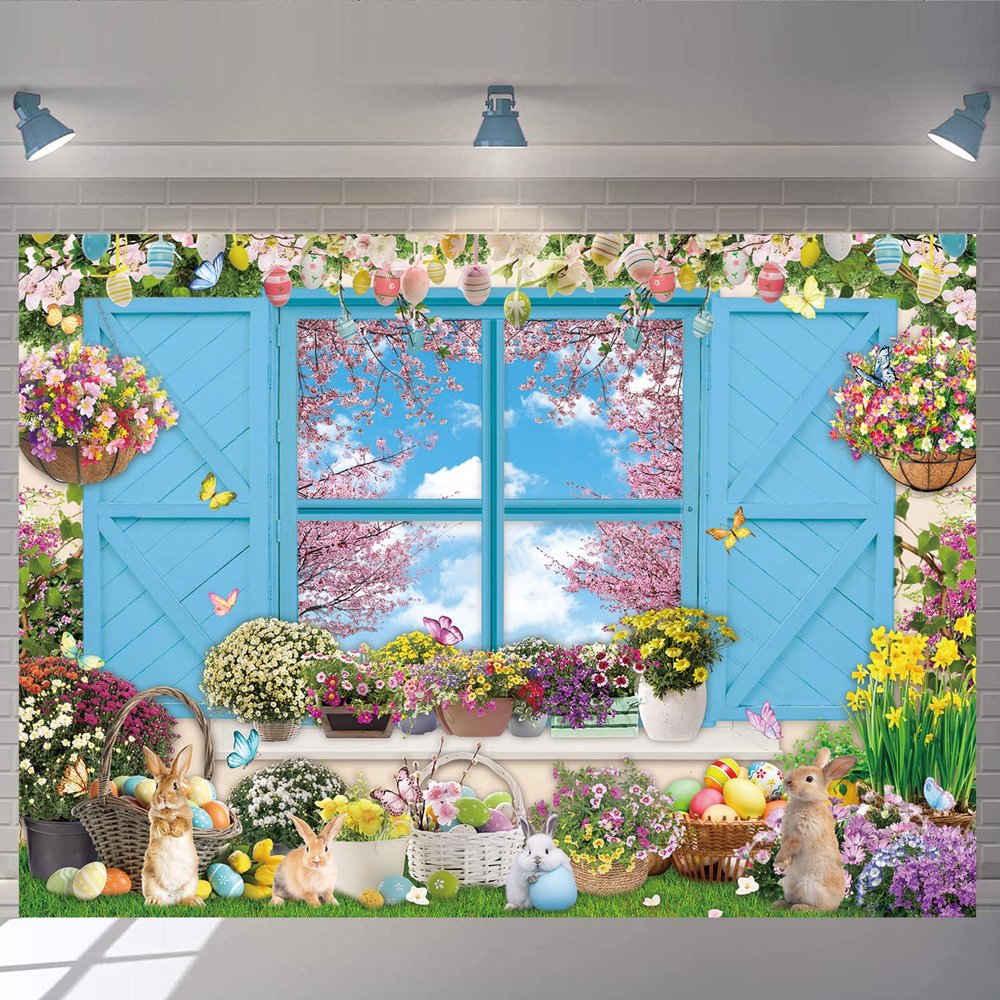 Spring Backdrop 7x5FT Spring Easter Window Scenery Flower Photography Background Easter Theme Party Decorations Banner (84x60 inch)
