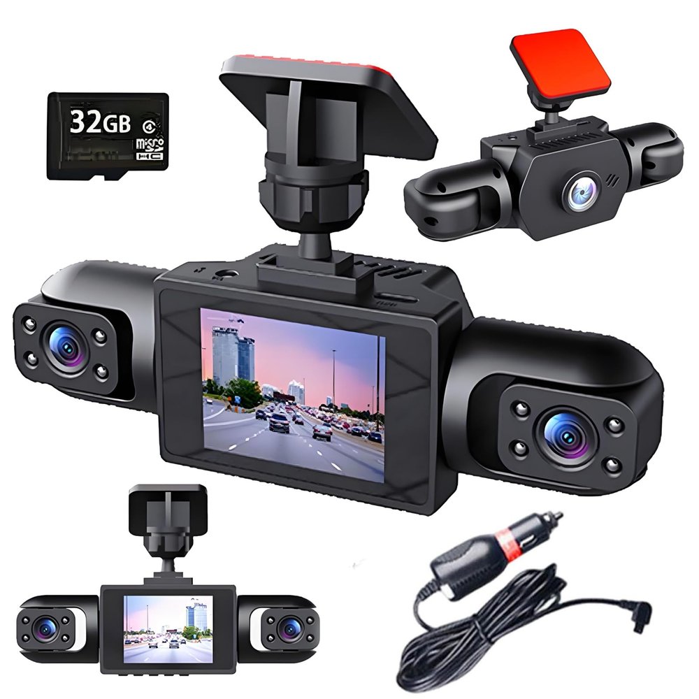1080P 360 4 Channel Car Dashcam System - Front/Rear/Left/Right Cameras with Night Vision & 32GB SD Card, Plug-in Power for Taxis/Fleets/Family Vehicles & Road Safety Monitoring (Three Sides)