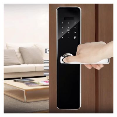 MZZKFC Black Fingerprint Lock for Wooden Door, Smart Door Handle Lock with Touch Digital Keypad & Key & Magnetic Card, Metal Finger Print Lock for Doors