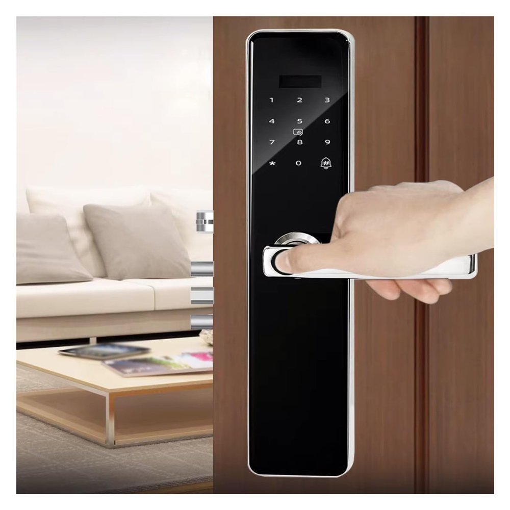 MZZKFC Black Fingerprint Lock for Wooden Door, Smart Door Handle Lock with Touch Digital Keypad & Key & Magnetic Card, Metal Finger Print Lock for Doors
