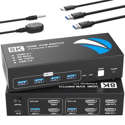 8K@60Hz KVM Switch 2 Monitors 2 Computers HDMI, 4K@120Hz KVM Switches Dual Monitor with 4 USB 3.0 Ports Sharing Keyboard Mouse Printer, Monitors Switch for 2 Computers, HDMI Switcher 2 in 2 Out