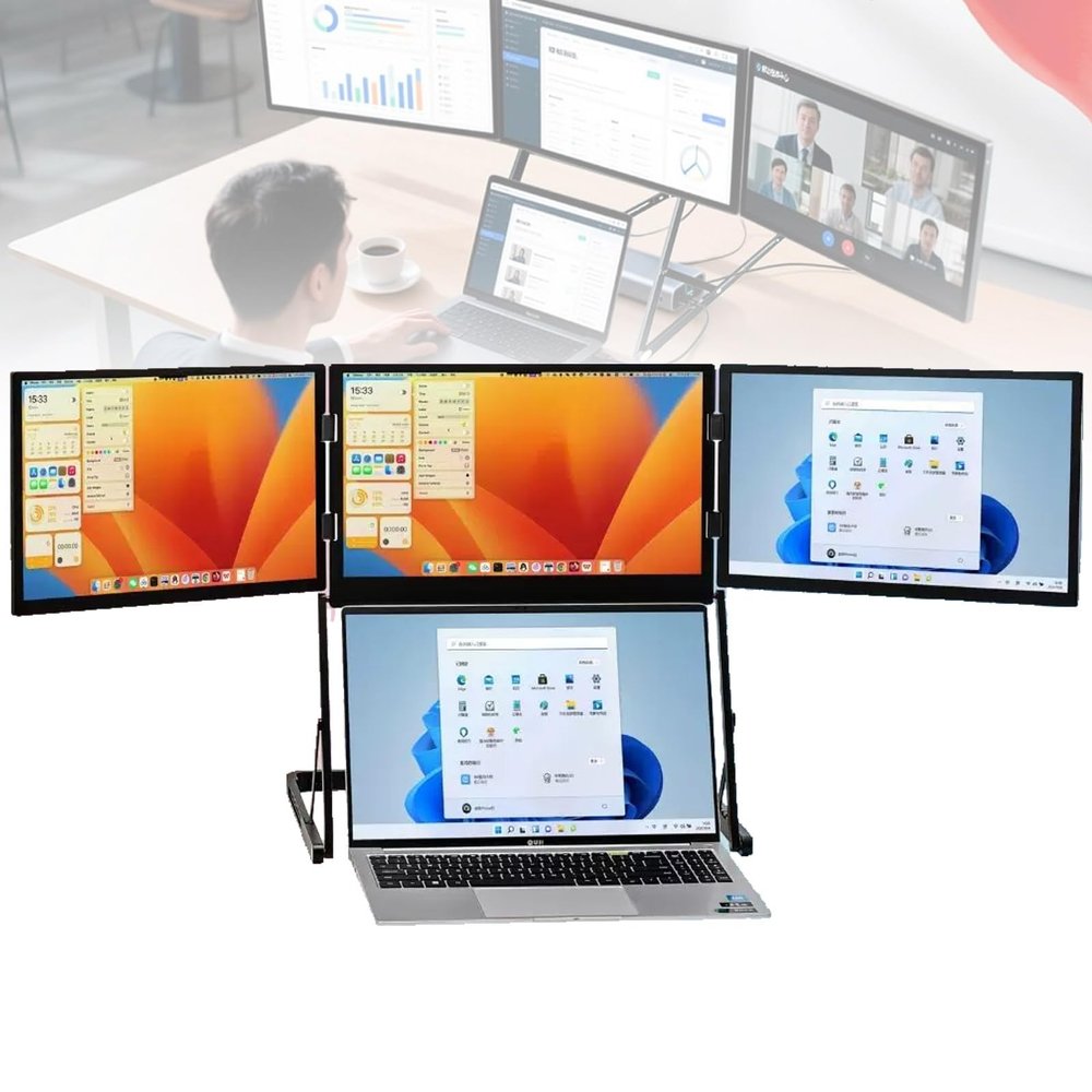 15.6 Laptop Screen Extender Triple Portable Monitor, IPS, 100% sRGB, Built-in Speakers, 10-25cm Height Adjustable