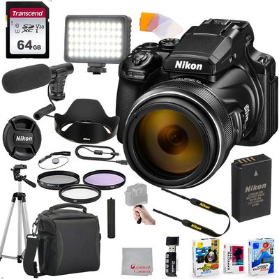 Nikon COOLPIX P1100 Digital Camera, 64GB Memory, Video Microphone, LED Video Light, Case, Tripod, Filters, Hood, Grip, & Video & Photo Editing Software Kit