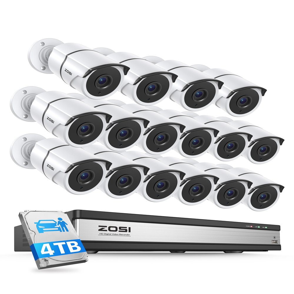 ZOSI 16CH Security Camera System with 4TB Hard Drive, 16 x 1080P Wired Metal Surveillance Weatherproof Cameras with Audio, AI Person/Vehicle Detection, Night Vision, 24/7 Recording for Commercial