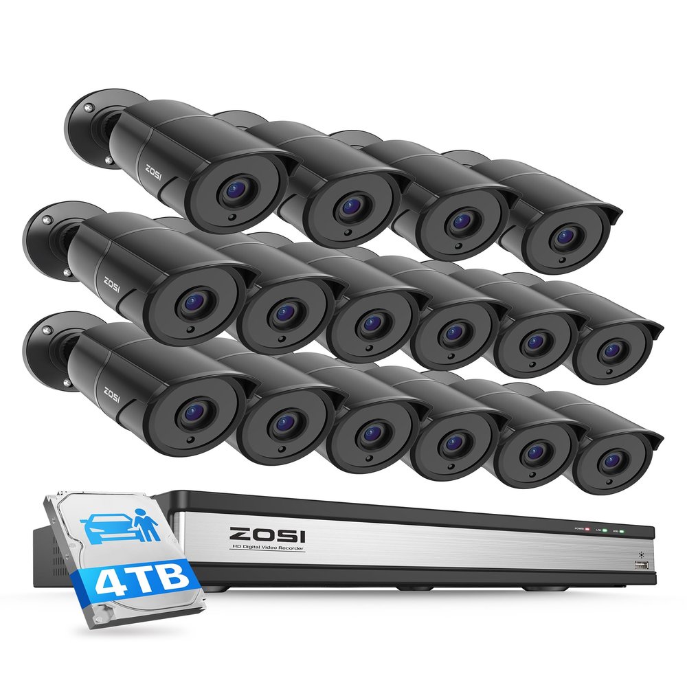 ZOSI 16CH 3K Lite Security Camera System with Audio, AI Human/Vehicle Detection, Night Vision, 16 x 1080P Metal Weatherproof Wired Cameras, 16 Channel Surveillance DVR with 4TB HDD for 24/7 Recording