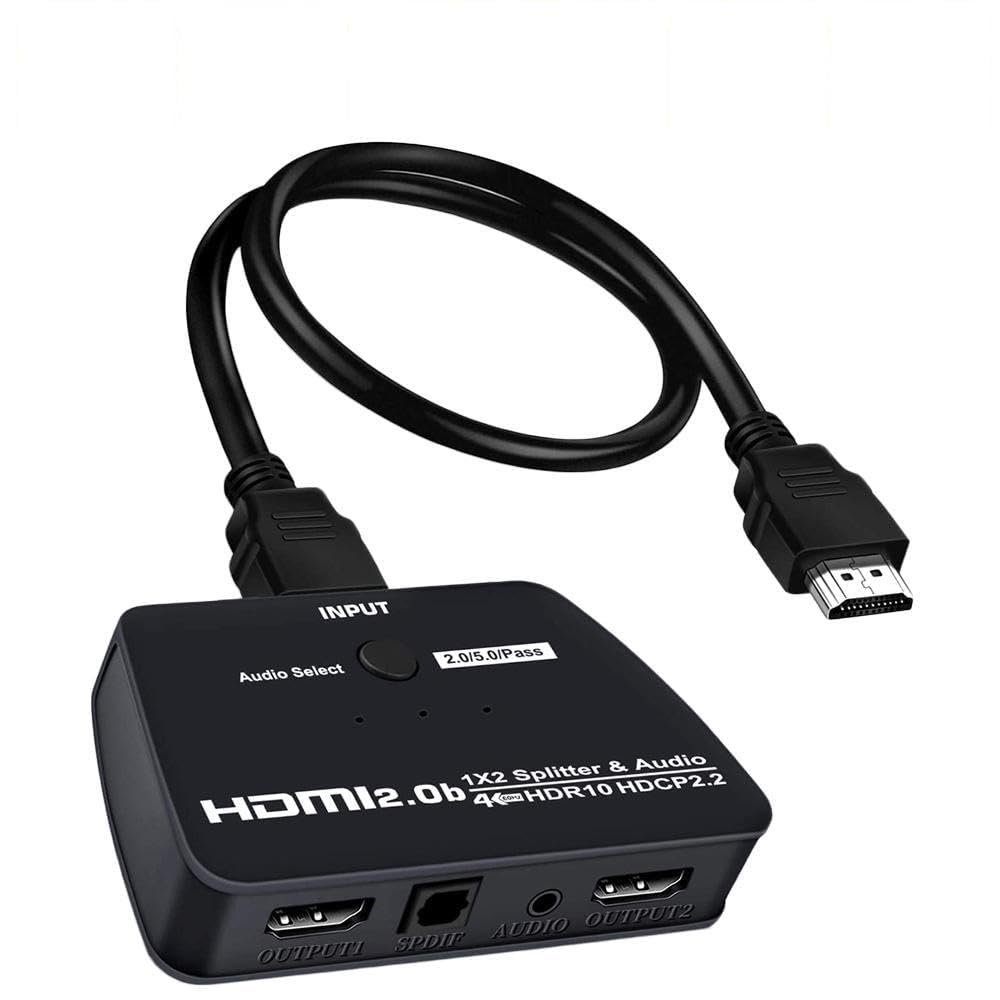 4K@60Hz HDMI Splitter 1 in 2 Out, 2 Way HDMI Splitter for Dual Monitors, 1x2 HDMI 2.0 Splitter Video Distributor Mirror Only, Support Full HD 1080P 3D HDCP1.4