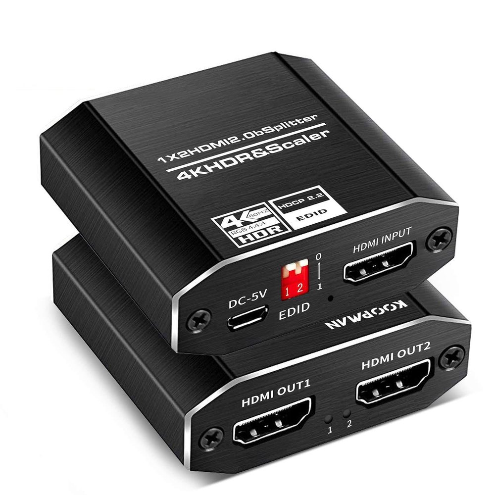 HDMI Splitter 1 in 2 Out with EDID Mode- 4K Ver HDMI2.0 HDCP2.2, Powered HDMI Splitter Supports HDCP 2.2 3D 4K@60HZ Full HD1080P for Xbox PS4 PS3 Fire Stick Roku Blu-Ray Player TV