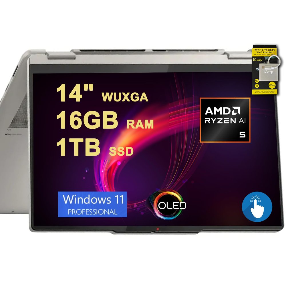 Lenovo Yoga 7 2-in-1 Laptop 14" WUXGA OLED Touch (100% DCI-P3, 600nits HDR) AMD 6-core Ryzen AI 5 340 (Up to 50 Tops) 16GB DDR5 1TB SSD for Creator Business Work Win11Pro ICP Hub w/Copilot AI