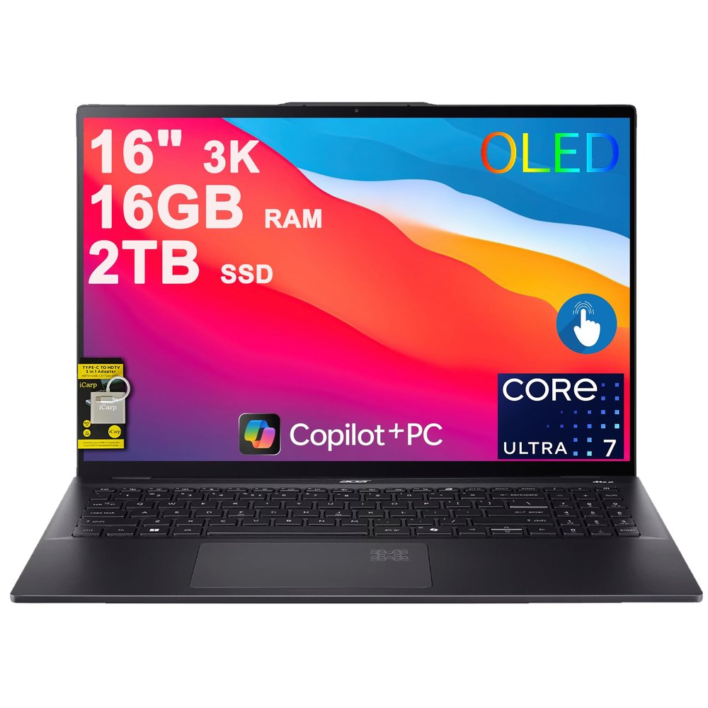 acer Swift 16 AI Laptop 16" 3k OLED 120Hz Touch (100% DCI-P3) Intel 8-core Ultra 7 256V (Up to 47 Tops) 16GB RAM 2TB SSD Backlit Fingerprint for Designer Business Work Win11 ICP Hub