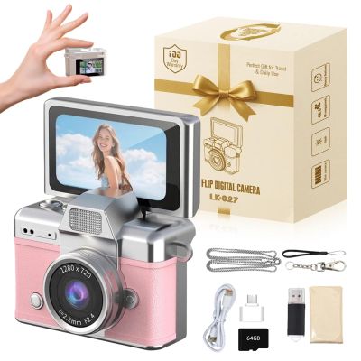 Vintage Mini Digital Camera Retro Mini Digital Video Keychain Camera Small Bodycam 1080P HD 0.96" IPS Screen Type-C 64G Card Included Portable for Photography Enthusiasts Travel (Pink)