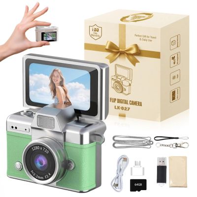 Vintage Mini Digital Camera Retro Mini Digital Video Keychain Camera Small Bodycam 1080P HD 0.96" IPS Screen Type-C 64G Card Included Portable for Photography Enthusiasts Travel (Green)