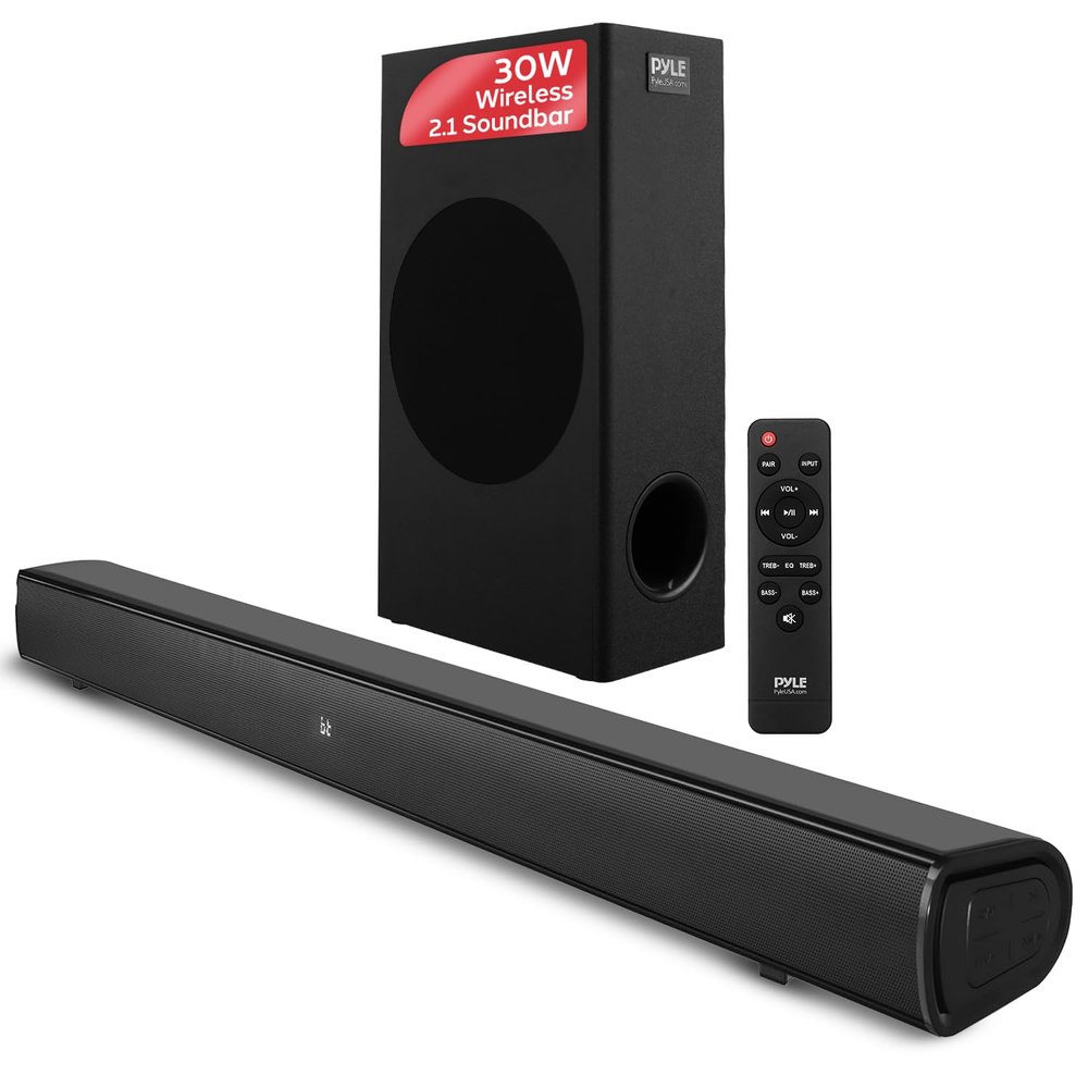 Pyle Sound Bar for Smart TV, Wave Base Bluetooth Tabletop Speaker System, Remote Control, AUX, Optical, USB, HDMI ARC, Coaxial Inputs, Full-Range Audio, 34.84 x 3.39 x 2.20