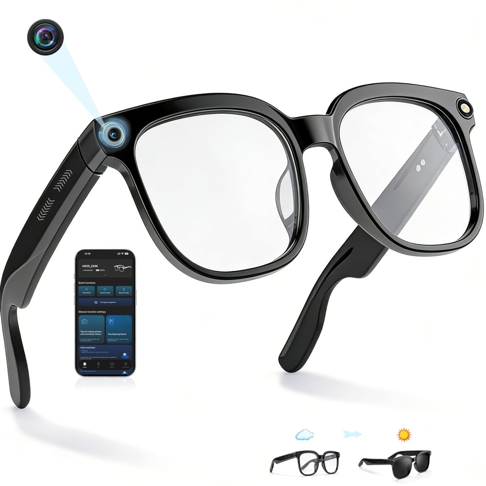 AI Smart Glasses with Camera, 4K POV Video Recording, Real-Time Translation in 140+ Languages, Voice Assistant, Object Recognition, Photochromic Lenses, Bluetooth/WiFi for Travel, Work, Vlogging