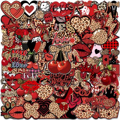 120 Pcs Cheetah Cherry Stickers Vinyl Waterproof Red and Black Leopard Print Stickers Aesthetic Cheetah Cherry Decals for Laptop, Guitar, Water Bottles, Car, Party Favors, Bumper, Luggage, Phone