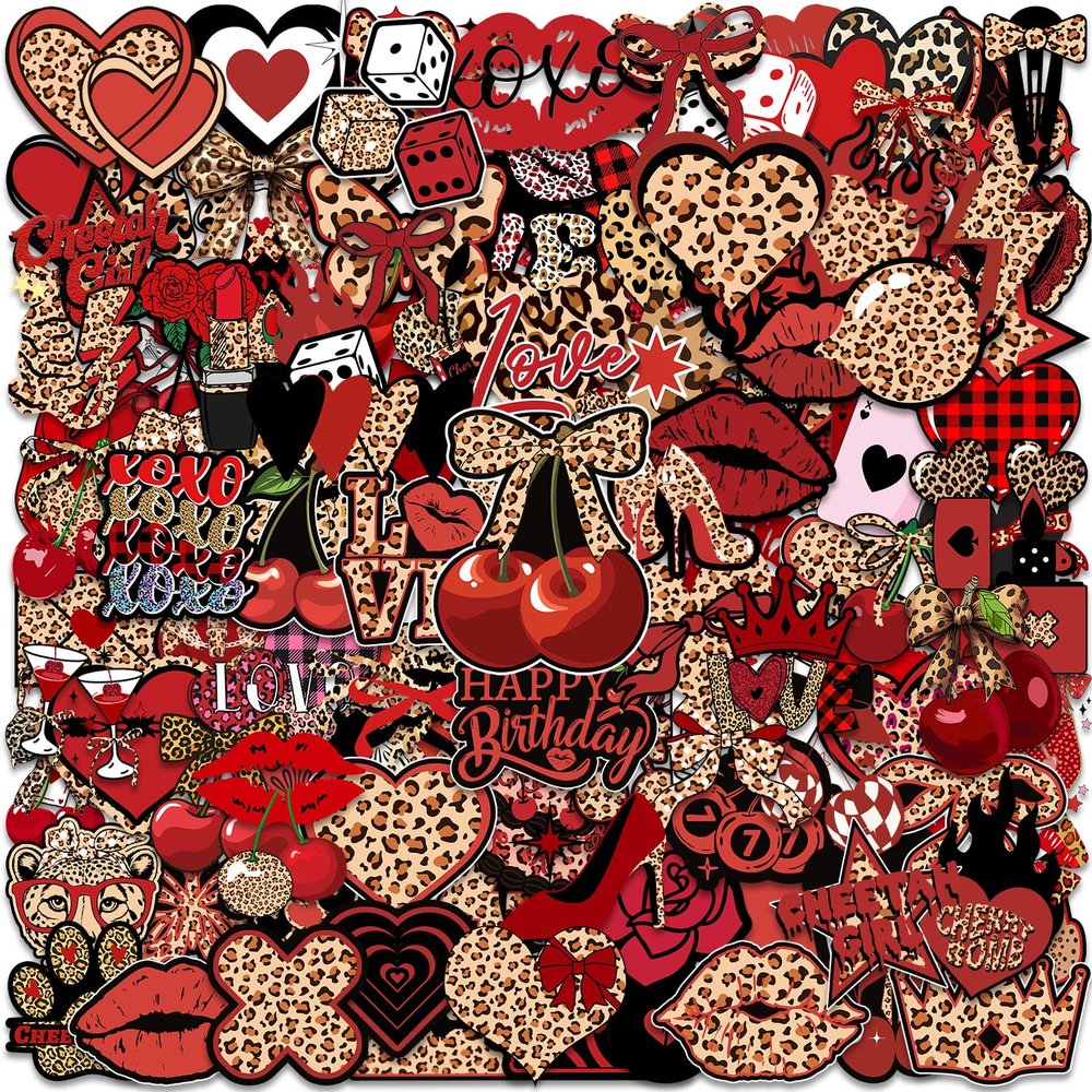 120 Pcs Cheetah Cherry Stickers Vinyl Waterproof Red and Black Leopard Print Stickers Aesthetic Cheetah Cherry Decals for Laptop, Guitar, Water Bottles, Car, Party Favors, Bumper, Luggage, Phone