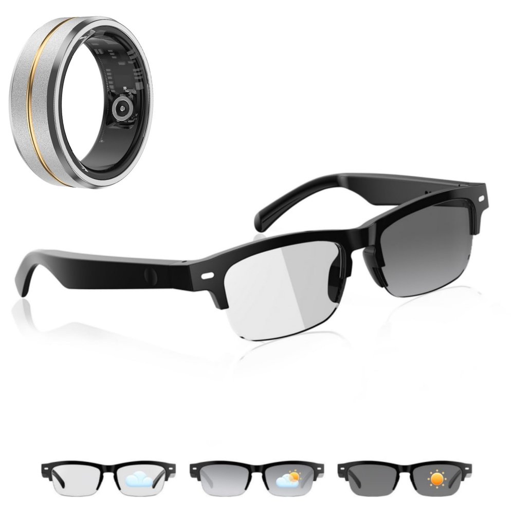 Tulbeys Smart Wearable Bundle  Smart Glasses with Smart Ring (Silver + Middle Gold US11) with Activity & Sleep Tracking, Bluetooth Wearable Tech Set