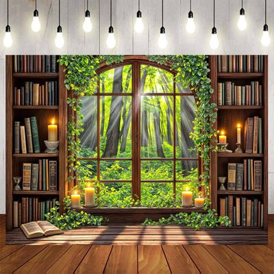 12x10ft Retro Library Wooden Bookshelf Backdrop Green Garden Book Tree Vintage Window Forest Photography Background Medieval Art Book Candle Party Decoration Banner Supplies