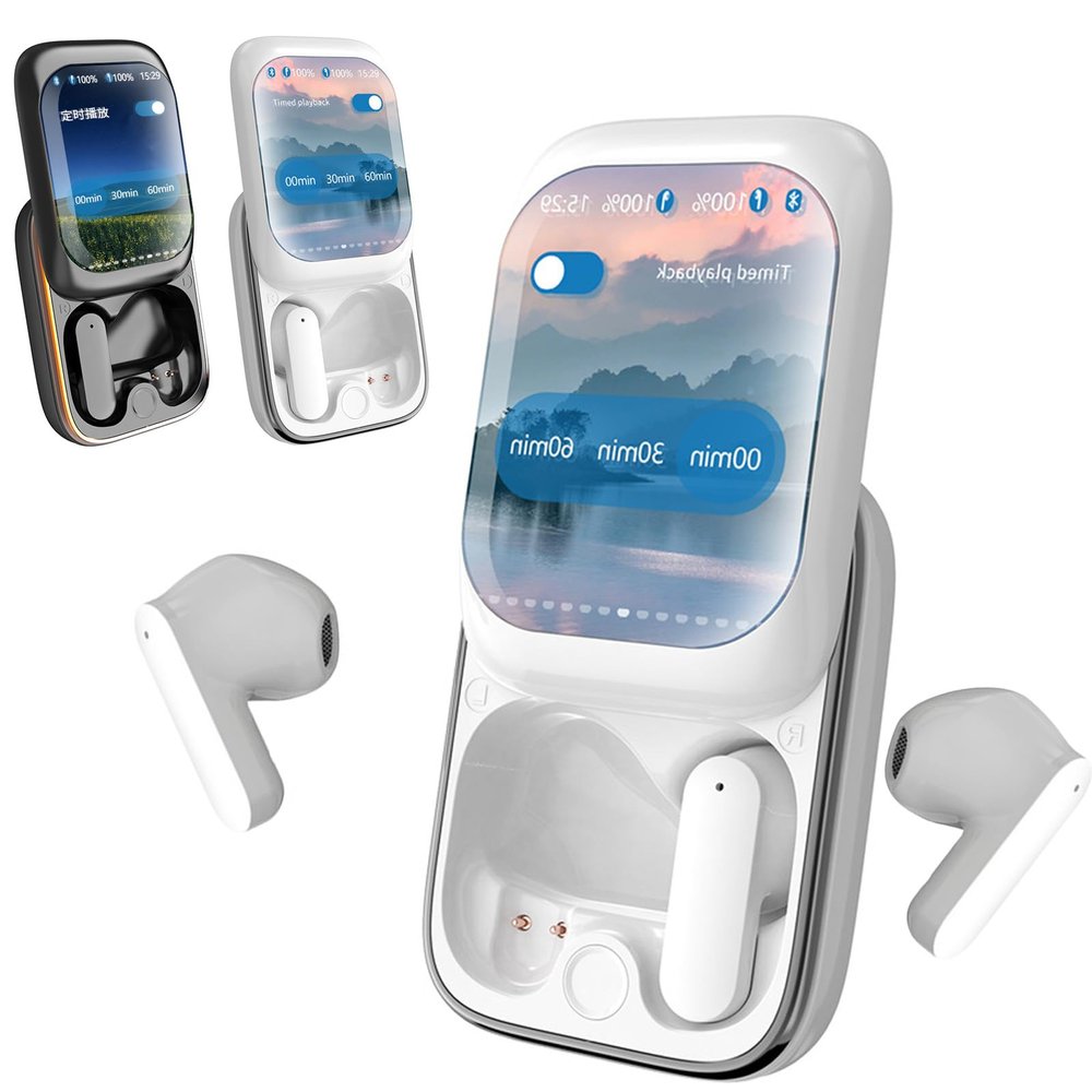 2025 New Smart Full-Color Touch Screen Sliding Bluetooth Earbuds - Noise Reduction Technology, Music/Game Mode Switch for Immersive Audio (Off White)