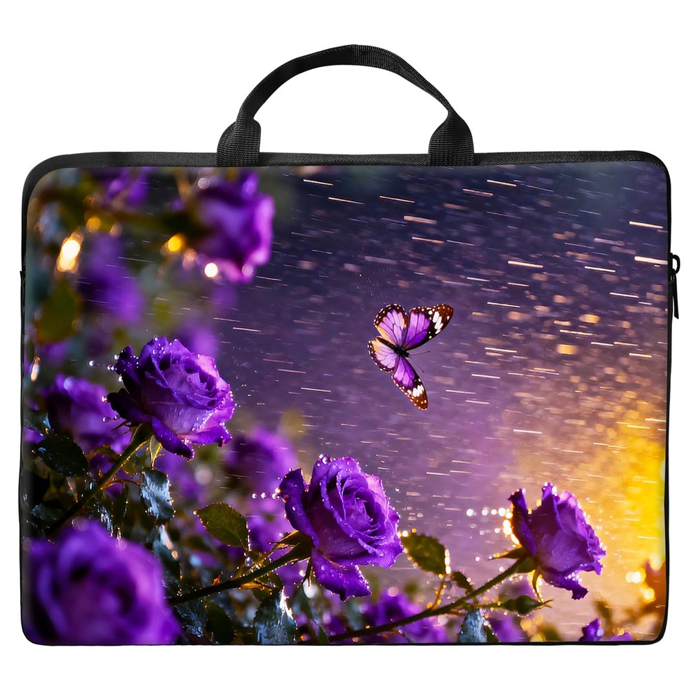 10 inch Laptop Bag for Women & Men - Purple Roses and Butterflies Pattern Computer Bag with Handle & Zipper Portable Tote Bags Laptop Sleeve Fits 10 inch Laptops Notebook Tablet & Accessorie