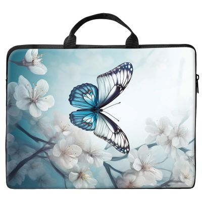 13 inch Laptop Bag for Women & Men - White flowers and blue butterflies Pattern Computer Bag with Handle & Zipper Portable Tote Bags Laptop Sleeve Fits 13 inch Laptops Notebook Tablet & Accessorie