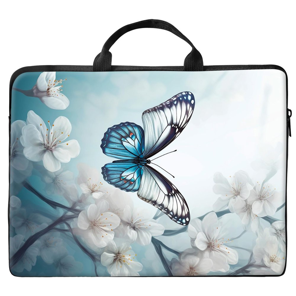 13 inch Laptop Bag for Women & Men - White flowers and blue butterflies Pattern Computer Bag with Handle & Zipper Portable Tote Bags Laptop Sleeve Fits 13 inch Laptops Notebook Tablet & Accessorie