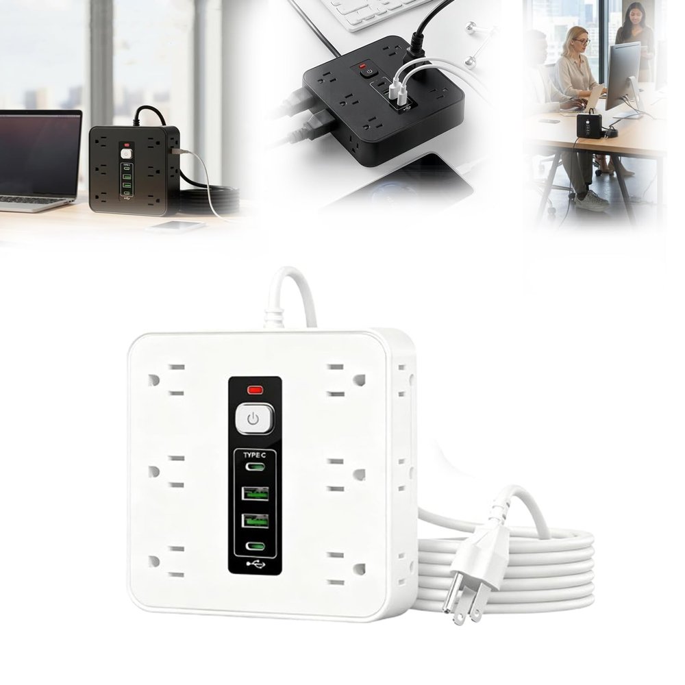 16-in-1 Power Strip with Switch & Surge Protection, Flat Plug Extension Cord 6.5FT, 12 AC Outlets + 2 USB-A & 2 USB-C, Overload Protection, Space-Saving Power Strips for Home Office Travel (White*1pc)