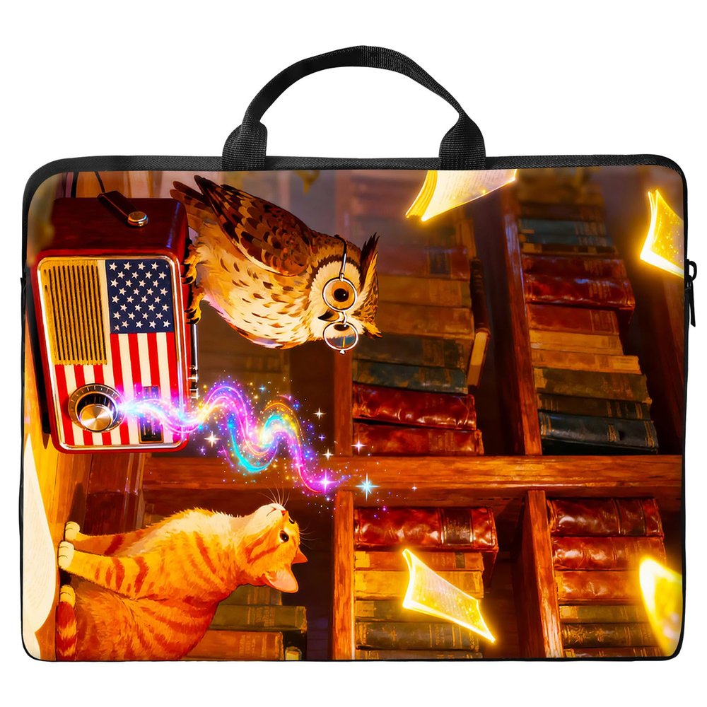13 inch Laptop Bag for Women & Men - Owl Cat and Book Pattern Computer Bag with Handle & Zipper Portable Tote Bags Laptop Sleeve Fits 13 inch Laptops Notebook Tablet & Accessorie