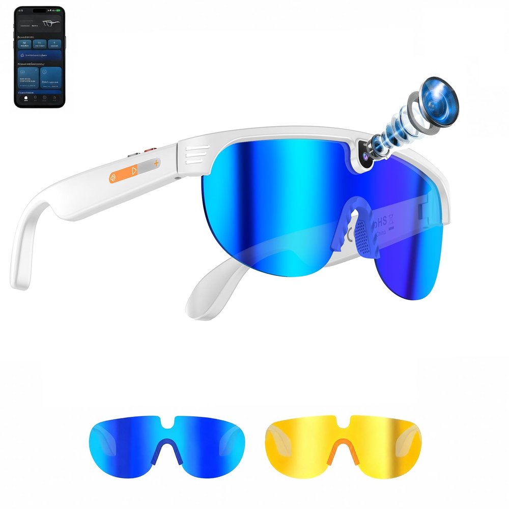 PohuStues Smart Sunglasses with Camera, AI Smart Glasses with Chat GPT, 8MP 1200P HD Anti-Shake Camera Sunglasses for Men and Women, for Outdoor Sports Cycling Hiking Skiing(Blue)