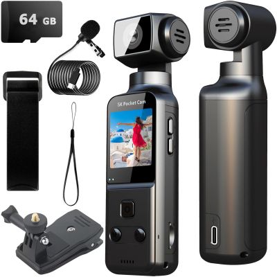 YONDENE Body Camera 5K with External Microphone, Video & Audio Mini Vlog Camera with 270 Rotated Lens, Pocket Cam for Sport, Outdoor, Riding, Travel, 64GB Included