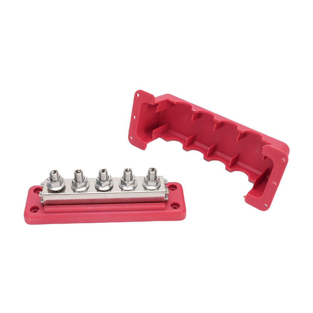 FTVOGUE 600A Power Distribution Block, Marine Bus Bar Terminal Block with M10 5 Studs 300V DC, for Automotive Car RV Boat Electrical Devices (Red)