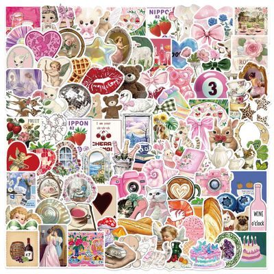 100PCS Cute Aesthetic Stickers Pack for Scrapbook, Vintage Pink Preppy Vinyl Waterproof Sticker Pack for Water Bottles, Laptop, Journal, Kawaii Animals Decals, Decorations Accessories