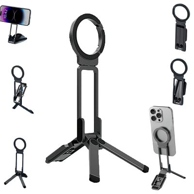 Dual Magnetic Phone Tripod,Foldable Double Magnet Mount Pocket Cell Phone Stand 180Rotating,1/4" Screw Tripod Mount Compatible with iPhone 17 16 15 14 13 Pro Max Plus Gym Magsafe Stand (Black)
