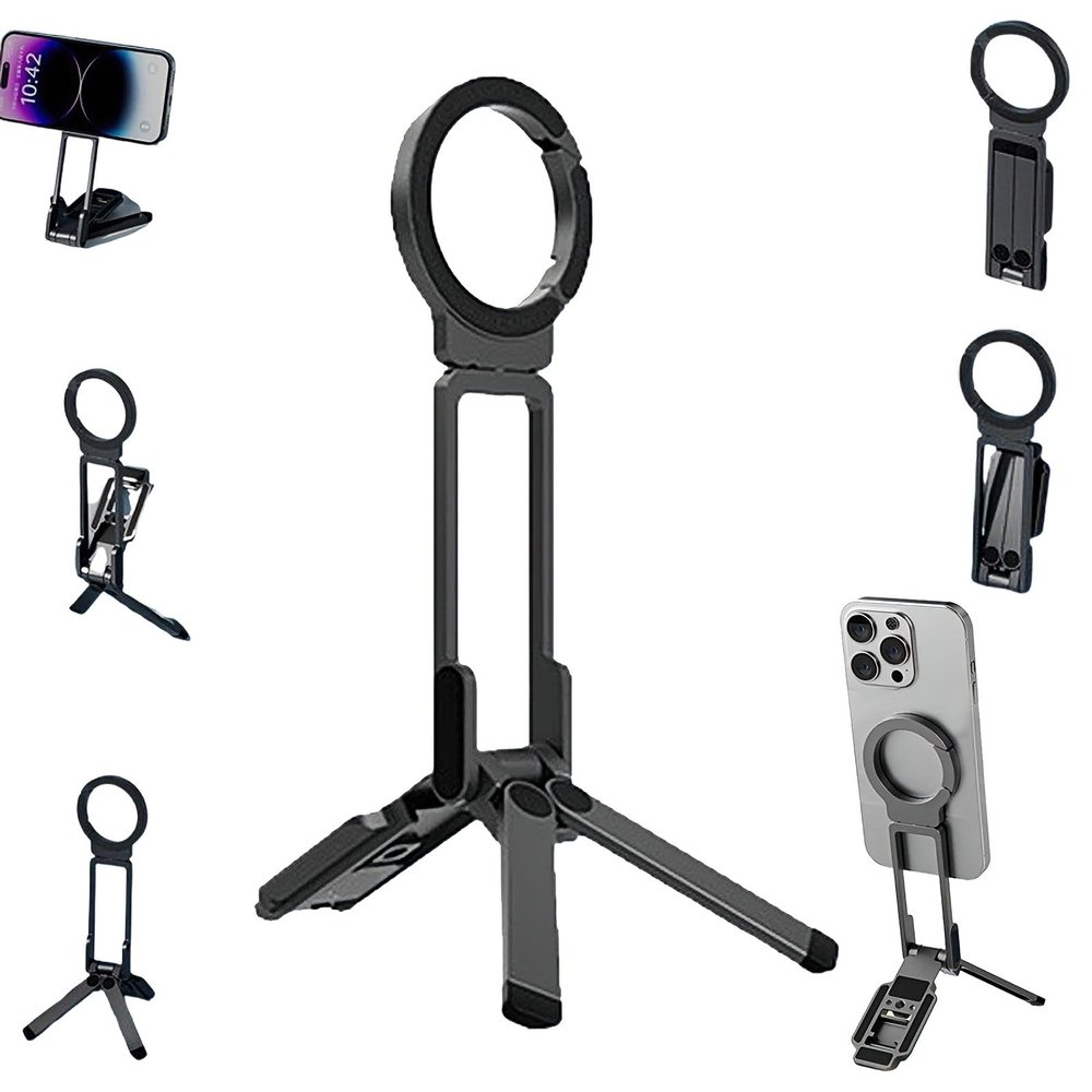 Dual Magnetic Phone Tripod,Foldable Double Magnet Mount Pocket Cell Phone Stand 180Rotating,1/4" Screw Tripod Mount Compatible with iPhone 17 16 15 14 13 Pro Max Plus Gym Magsafe Stand (Black)