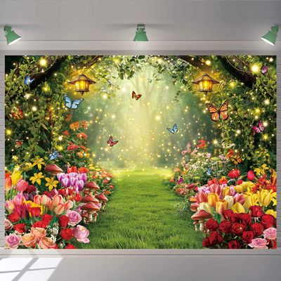 Enchanted Forest Backdrop Spring Floral Butterfly Photography Background Fairy Tale Garden Party Banner Kids Girl Baby Shower Decoration Supplies (120x96 inch (10x8FT))