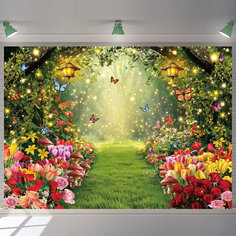 Enchanted Forest Backdrop Spring Floral Butterfly Photography Background Fairy Tale Garden Party Banner Kids Girl Baby Shower Decoration Supplies (120x96 inch (10x8FT))
