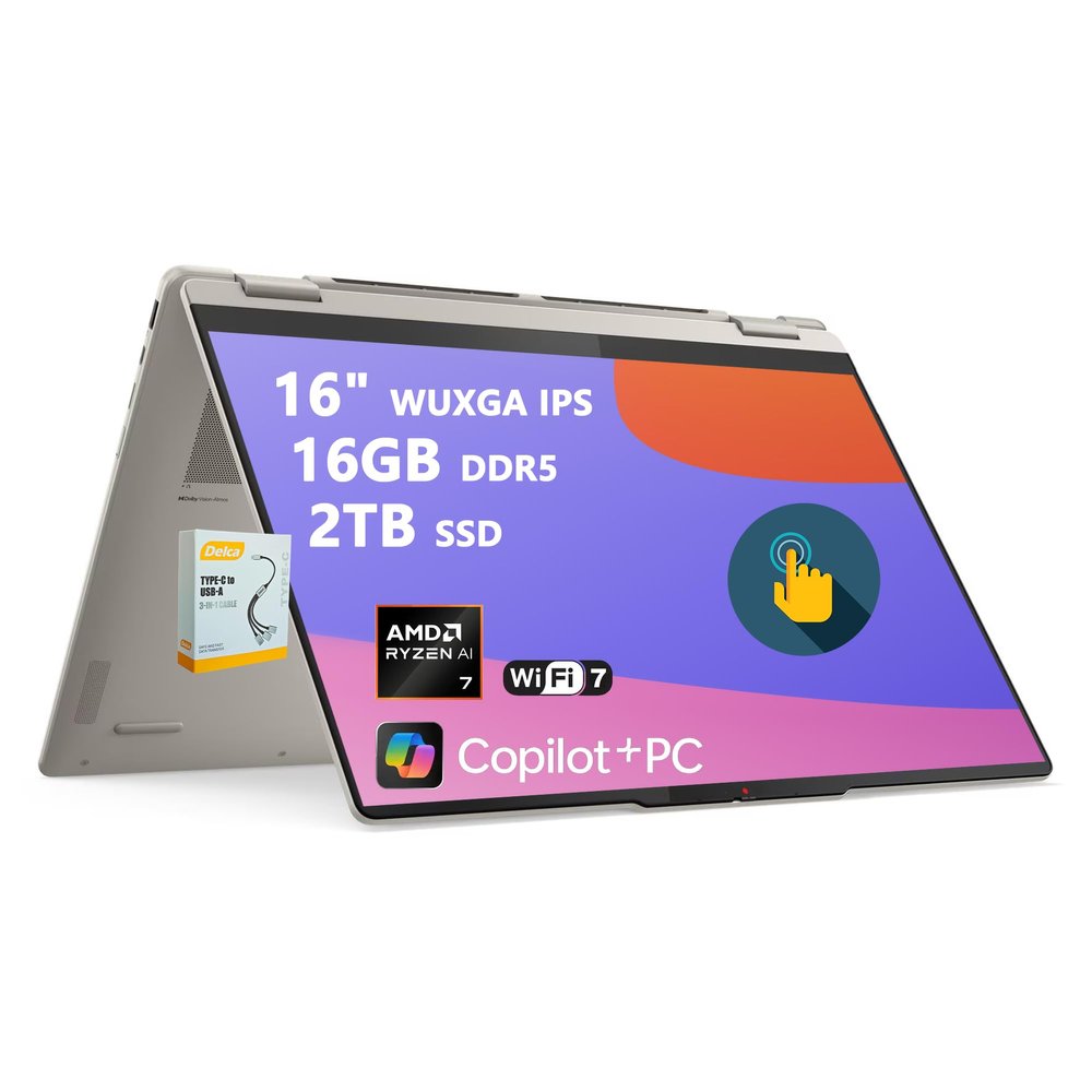 Lenovo Yoga 7 2-in-1 Copilot+ AI PC Laptop | 16" WUXGA IPS Touch | AMD Ryzen AI 7 350 (Up to 50 Tops) | 16GB DDR5 2TB SSD | for Creator Designer Business Professional Win11 w/DLCA Accessory