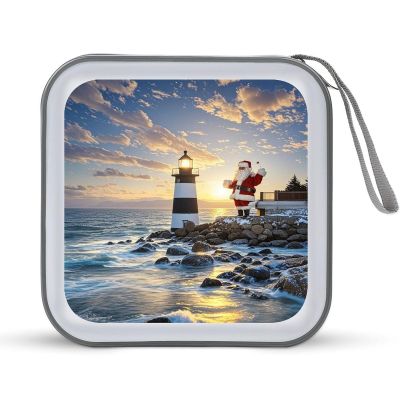 Rkklvbns Santa Claus Lighthouse DVD Storage Bags with Zipper, CD Portable Case Holder with Handles, Large Storage Stackable Media Binder for Travel, Cabinet, Home, Office, Car