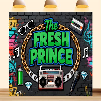 10X8ft Fabric The Fresh Prince Backdrop Dynamic 90's Hip Pop Scene Colorful Graffiti Wall Retro Radio Roller Background Baby Shower Party Decorations Props