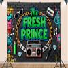 10X8ft Fabric The Fresh Prince Backdrop Dynamic 90's Hip Pop Scene Colorful Graffiti Wall Retro Radio Roller Background Baby Shower Party Decorations Props view 3