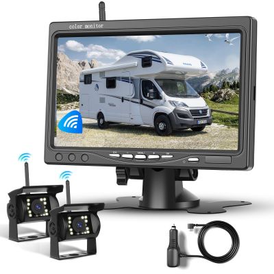 1080P HD Wireless Backup Camera System, 7-inch LCD Monitor with 2 Rearview Camera for Trailer RV Camper Truck Car Bus, DIY Guide Lines, IP68 Waterproof, Night Vision, BSD, 12V-36V