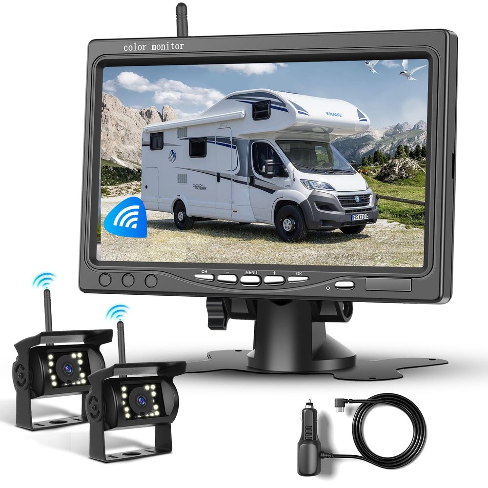 1080P HD Wireless Backup Camera System, 7-inch LCD Monitor with 2 Rearview Camera for Trailer RV Camper Truck Car Bus, DIY Guide Lines, IP68 Waterproof, Night Vision, BSD, 12V-36V