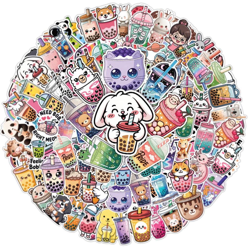 100Pcs Boba Stickers  Cute Bubble Tea Vinyl Waterproof Kawaii Drink Stickers for Boba Lovers, Foodie Fans, Water Bottles, Laptop, Scrapbook, Journals