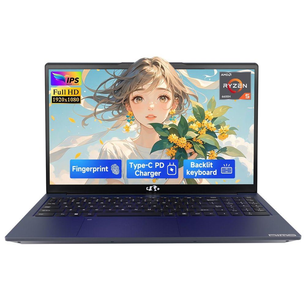NIMO 15.6" IPS FHD-Gaming-Laptop, AMD Ryzen 5 6600H 32GB DDR5 RAM 1TB SSD (Beat i7-1165G7, 6 Cores Up to 4.5GHz) AMD Radeon 660M GPU 100W USB-C PD Fast Charger Backlit Keyboard Fingerprint (Renewed)